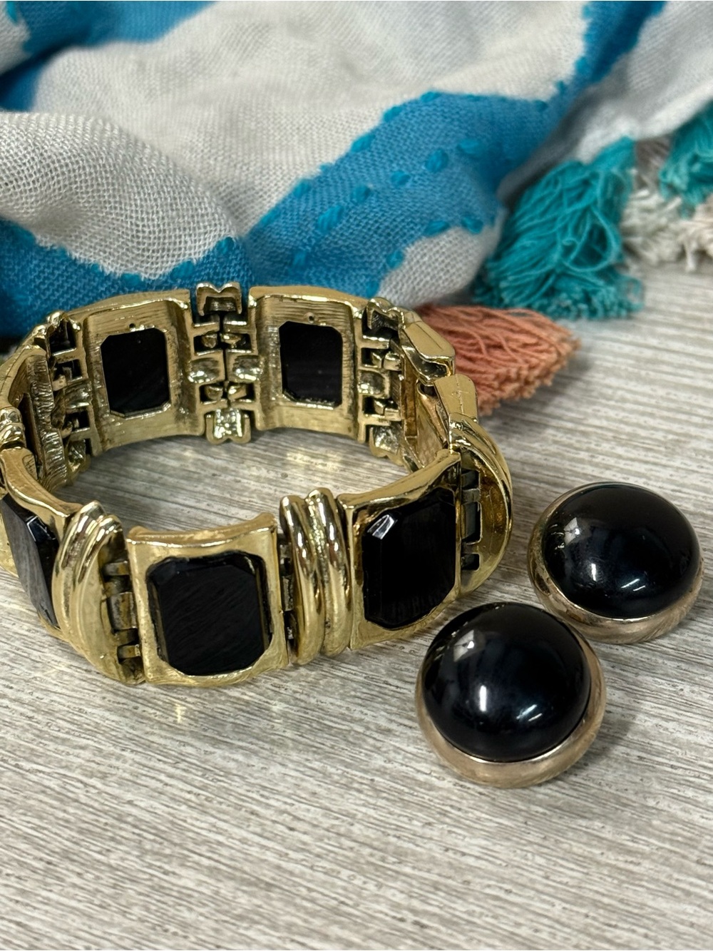 Vintage Selini Gold-tone Bracelet and Black Cabochon Clip-on Earrings Set